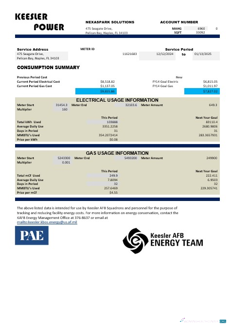 USA Mississippi Keesler AFB Energy business utility bill template in Word and PDF formats